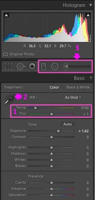 Color treatment sliders in adobe lightroom screenshot