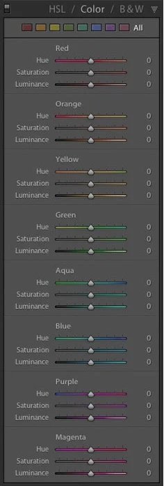 HSL sliders in adobe lightroom screenshot